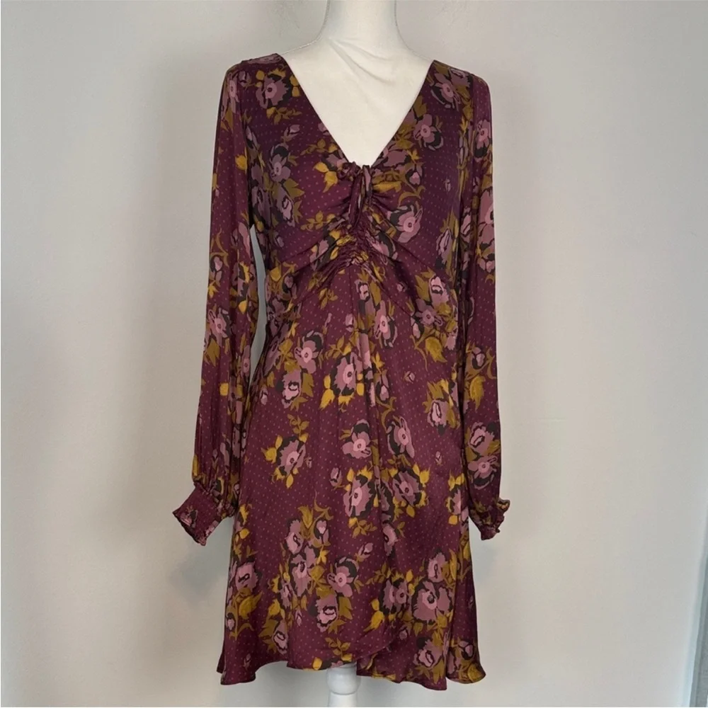 Free People Morning Light Retro Floral Mini Dress in Purple Combo. Size 12.